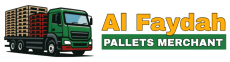 Al Faydah Pallets Merchant warehouse with stacks of wooden and plastic pallets for sale.