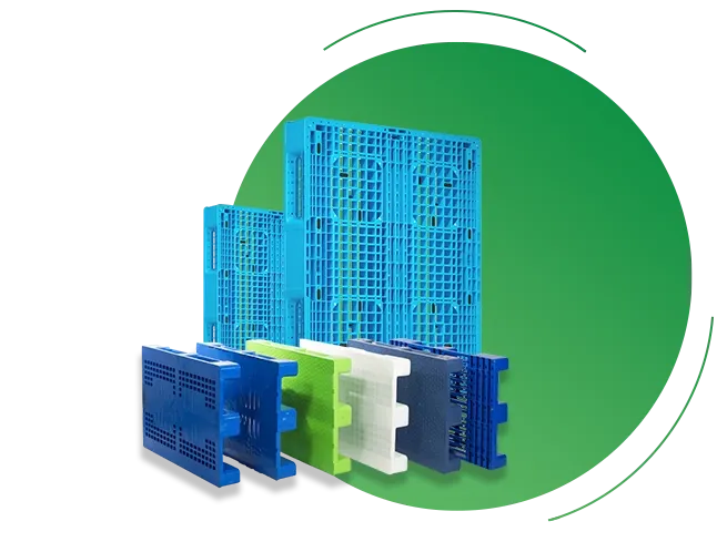 Medium duty plastic pallets stacked in a warehouse for transport and storage use.