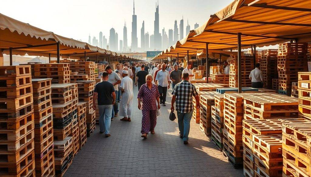 Stack of used wooden pallets stored for resale and reuse in logistics and warehousing.