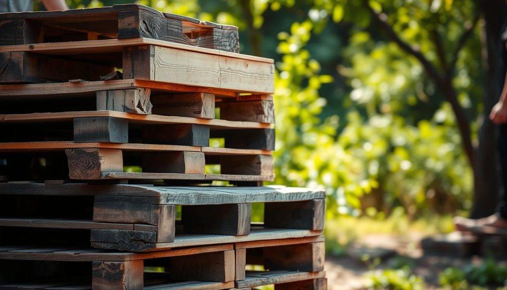 Stack of used wooden pallets stored for resale and reuse in logistics and warehousing.