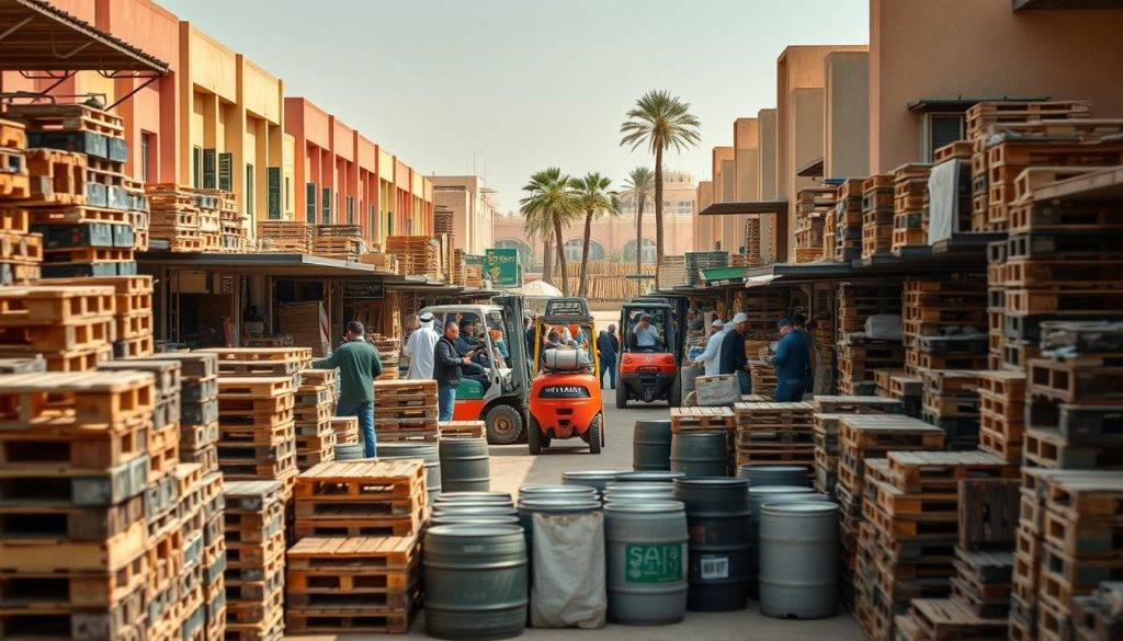 Stack of used wooden pallets ready for recycling or reuse in warehouse storage.