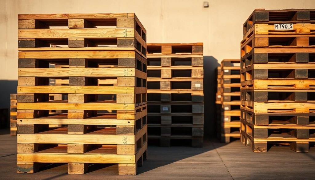 Heavy duty wooden pallets stacked and ready for industrial transport and storage use.