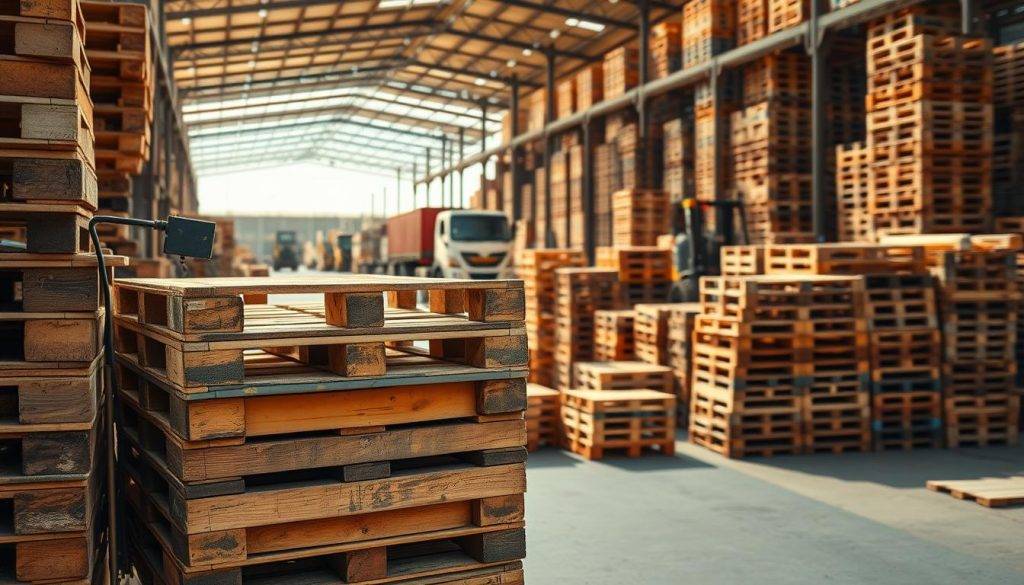 Heavy duty wooden pallets stacked in an industrial warehouse for shipping and storage.
