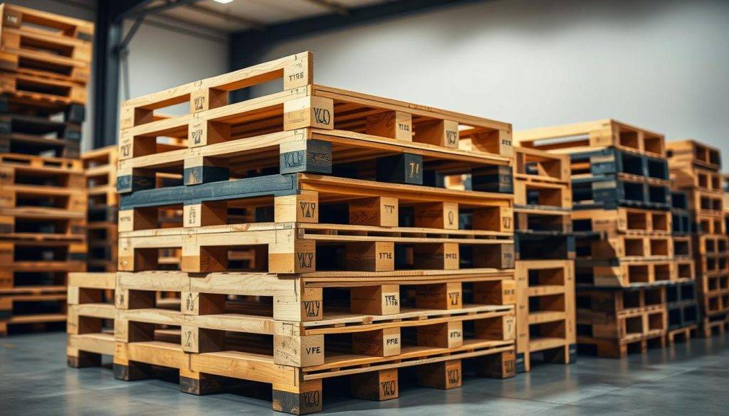 Stack of heavy duty wooden pallets designed for industrial storage and transportation.