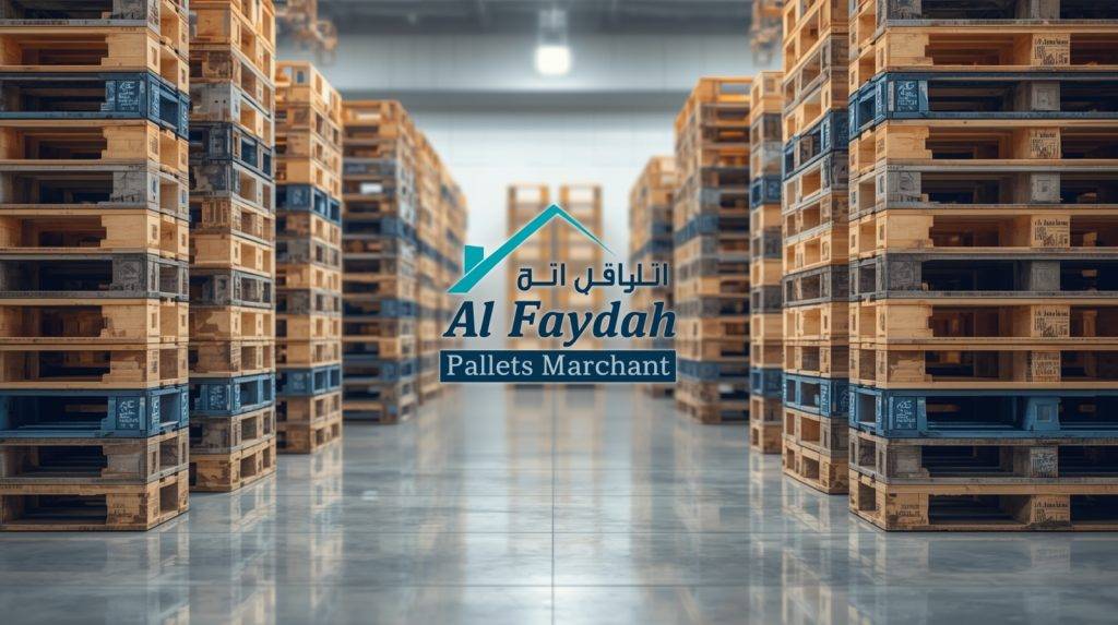 Al Faydah Pallets Merchant warehouse displaying a variety of wooden and plastic pallets for industrial use.