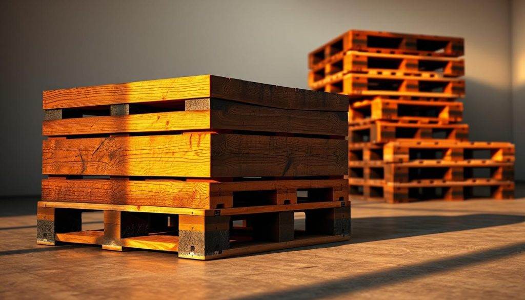 Heavy duty wooden pallets arranged for use in industrial storage and transportation.