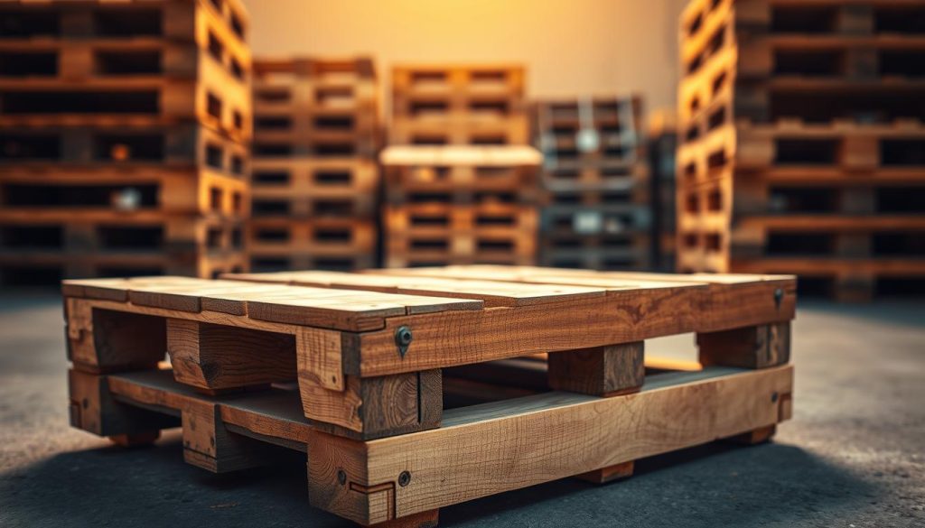 Heavy duty wooden pallets stacked and ready for industrial storage and shipping use.